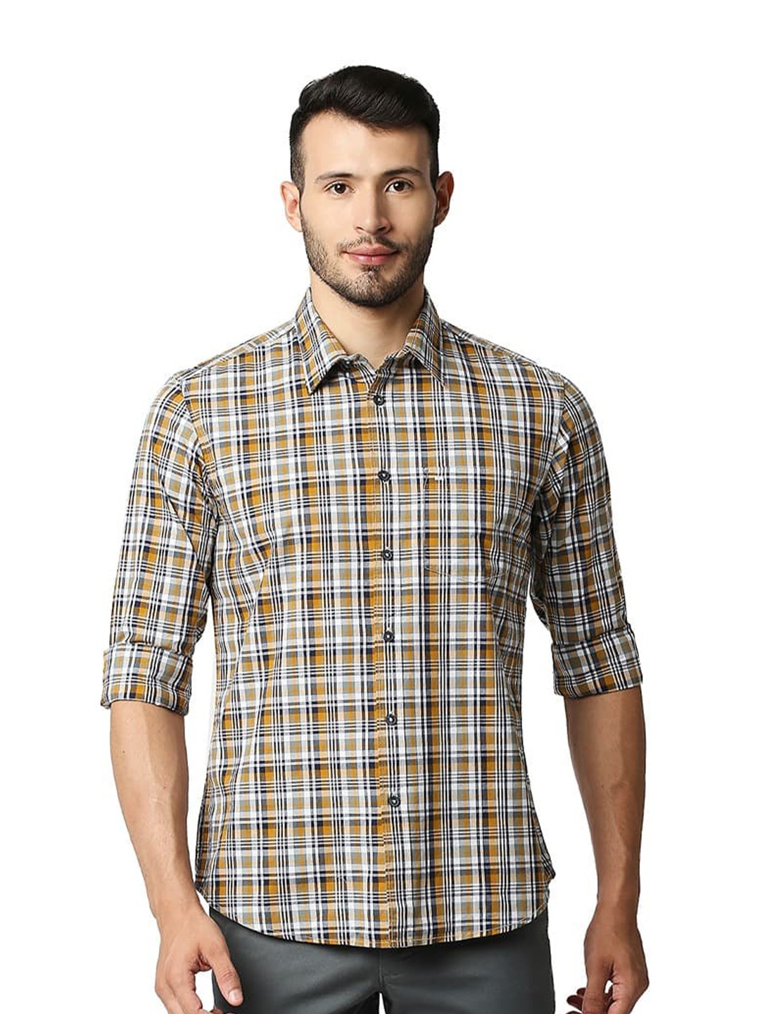 

Basics Slim Fit Tartan Checks Cotton Checked Casual Shirt, Yellow