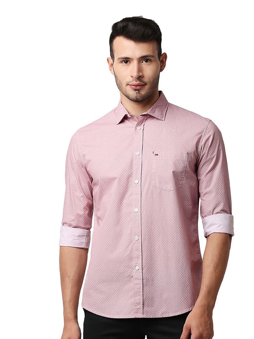 

Basics Spread Collar Long Sleeves Cotton Slim Fit Casual Shirt, Pink