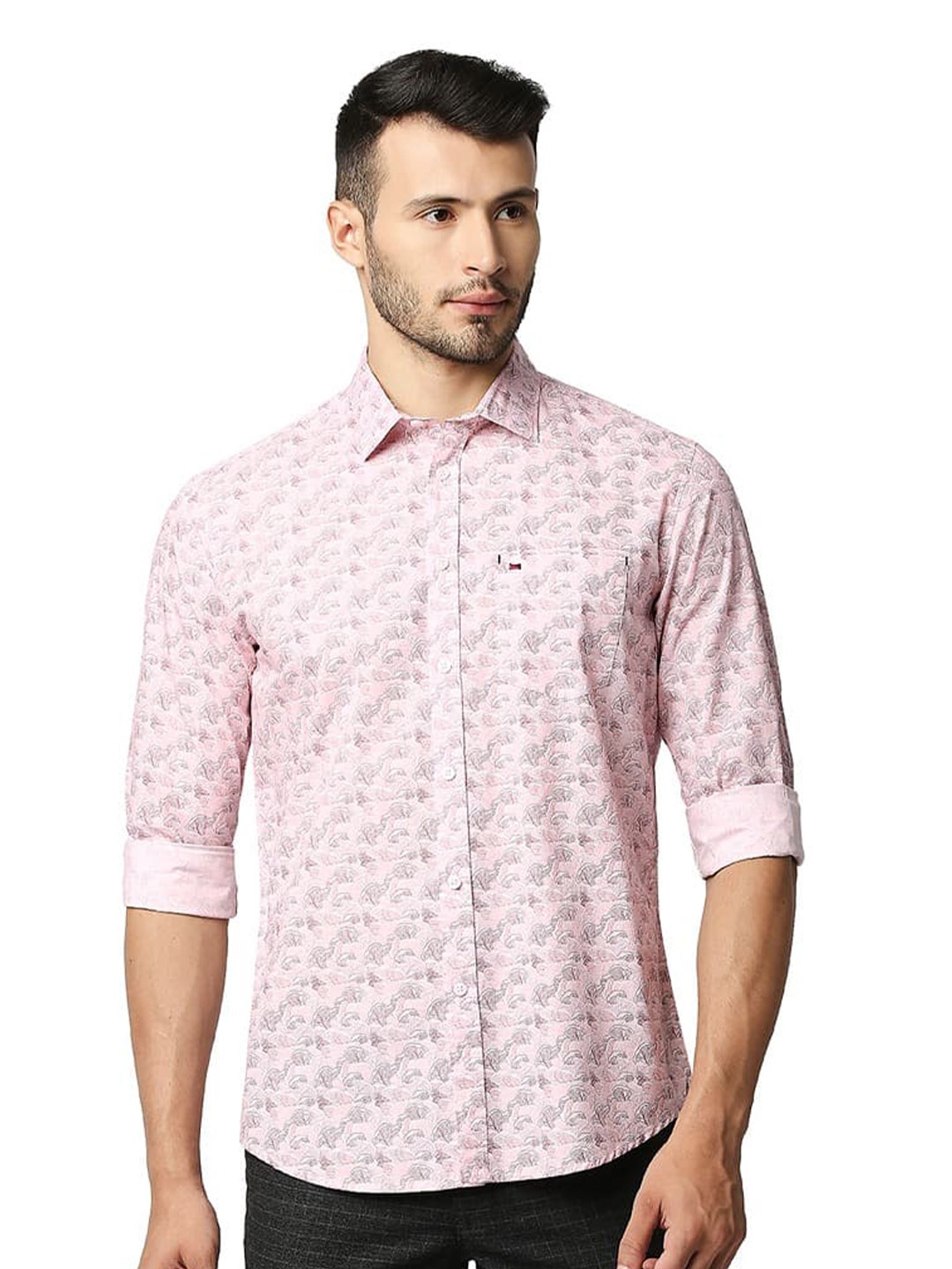 

Basics Spread Collar Slim Fit Opaque Printed Casual Shirt, Pink