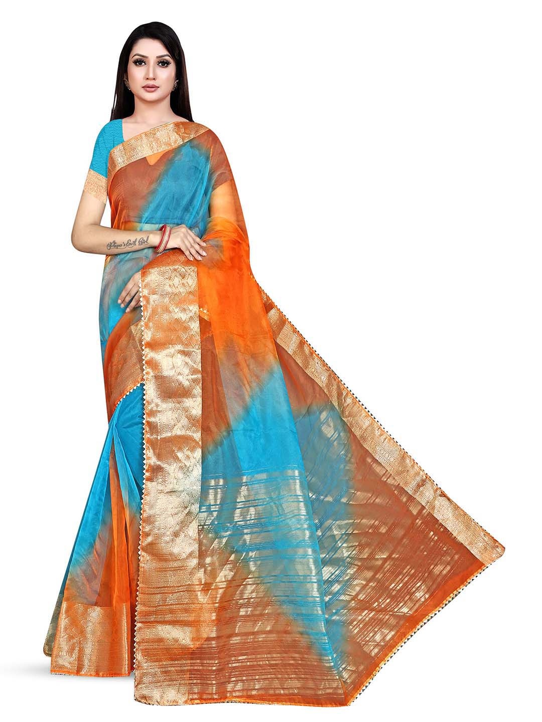 

Pemal Designer Colourblocked Woven Design Zari Organza Saree, Blue