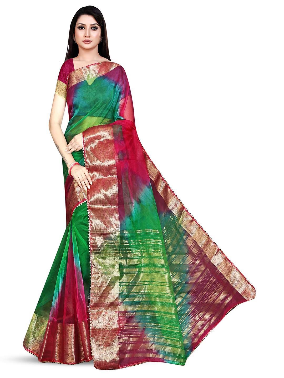 

Pemal Designer Colourblocked Woven Design Zari Organza Saree, Maroon