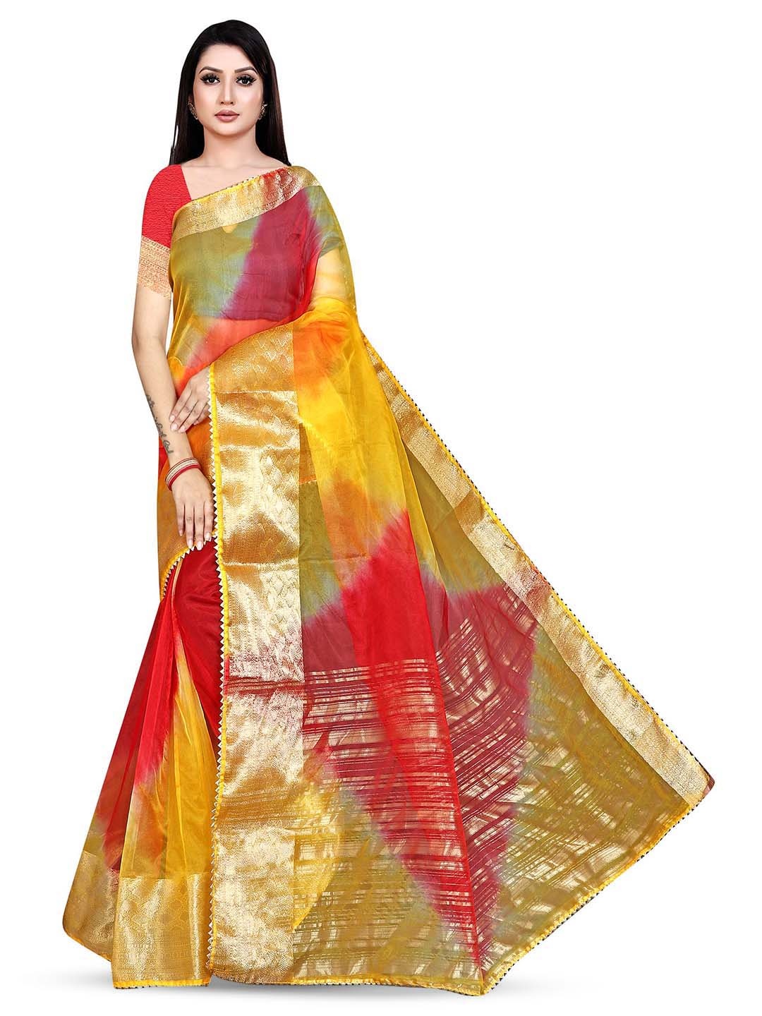 

Pemal Designer Colourblocked Woven Design Zari Organza Saree, Red