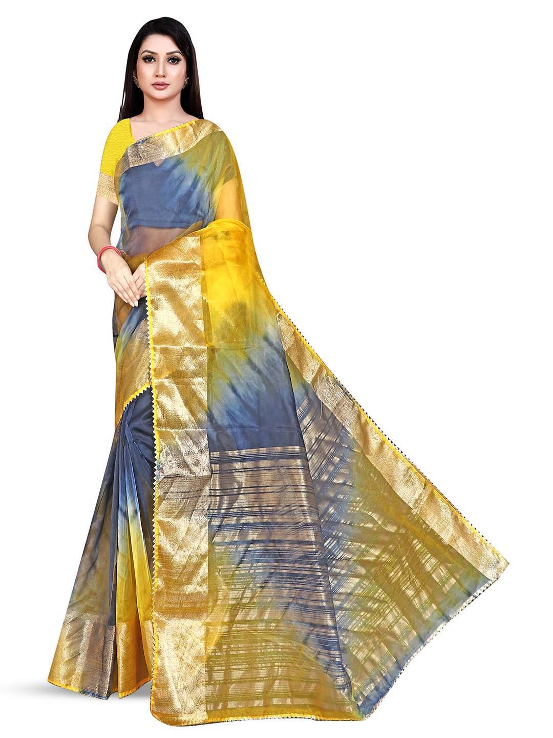

Pemal Designer Colourblocked Woven Design Zari Organza Saree, Yellow