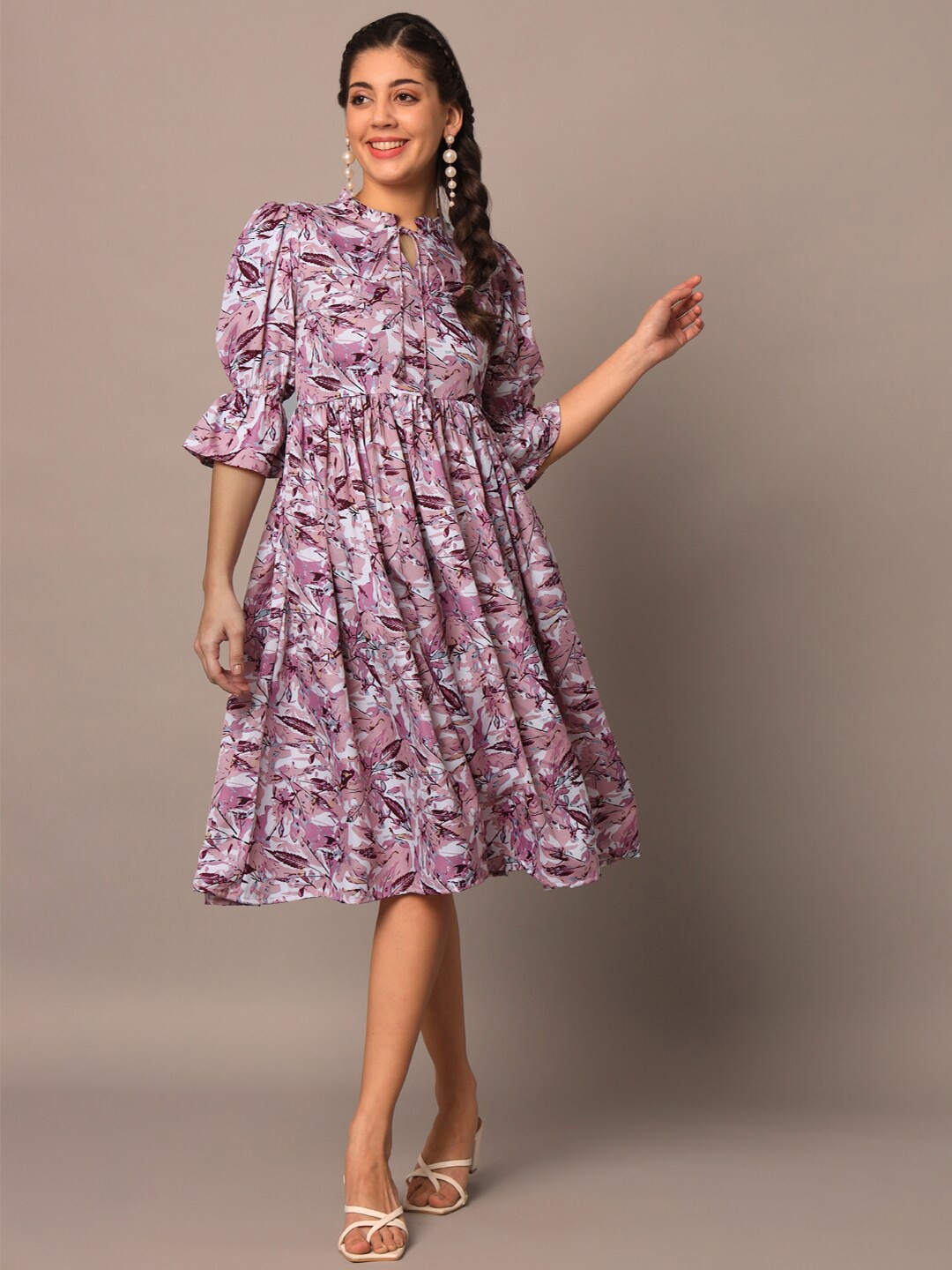 

Meeranshi Floral Printed Puff Sleeves Gathered Fit & Flare Dress, Lavender
