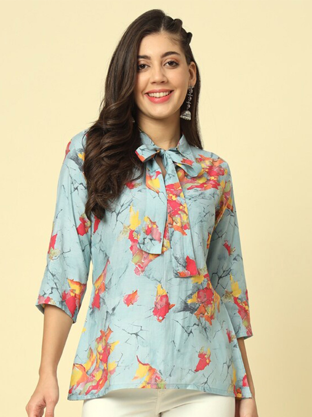 

Meeranshi Print Tie-Up Neck Pure Silk Top, Blue