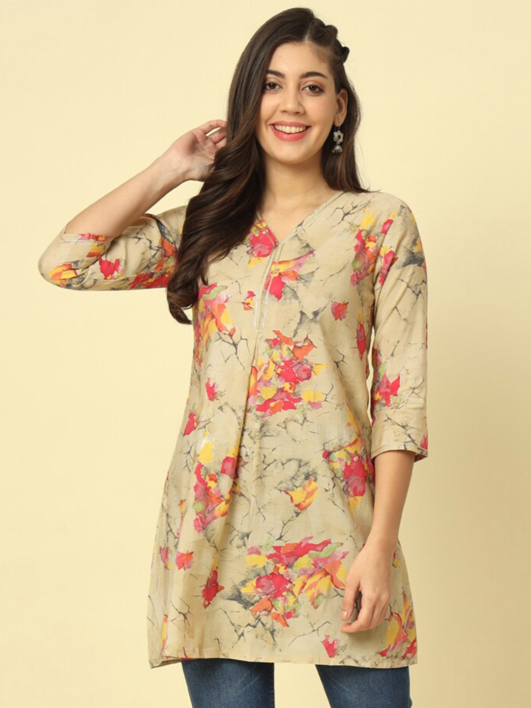 

Meeranshi Floral Printed V-Neck Pure Silk A-Line Kurti, Beige