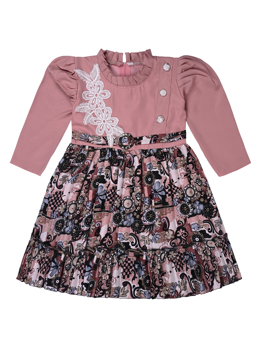 

Wish Karo Girls Floral Printed Puff Sleeve Applique Satin Fit & Flare Dress, Peach