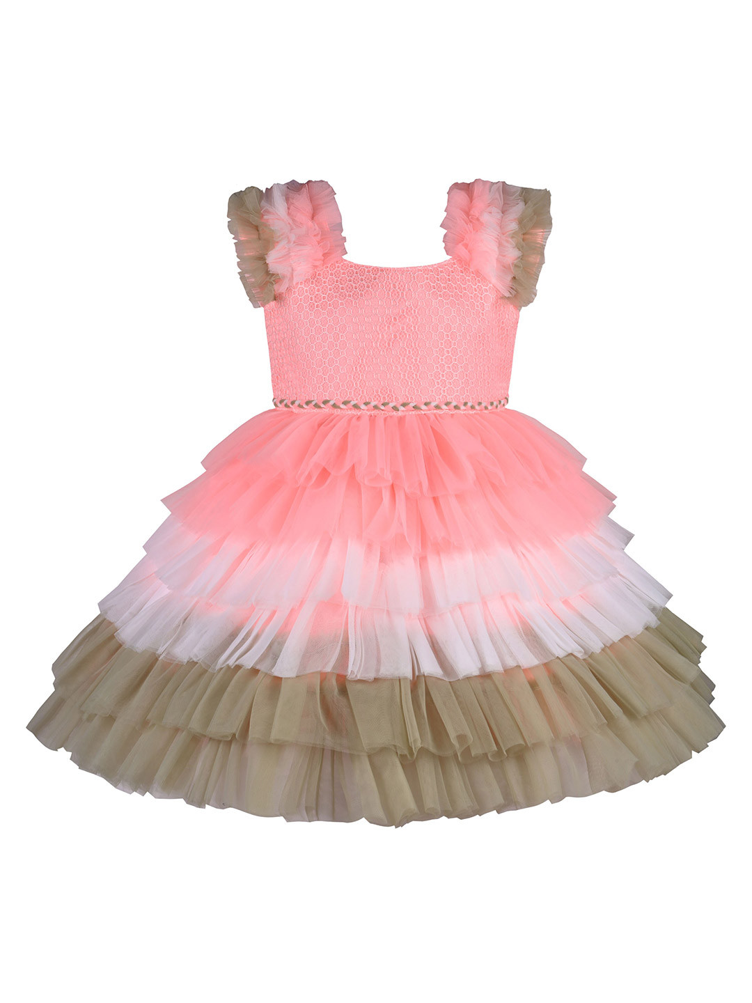 

Wish Karo Girls Self Design Square Neck Layered Georgette Fit and Flare Dress, Peach