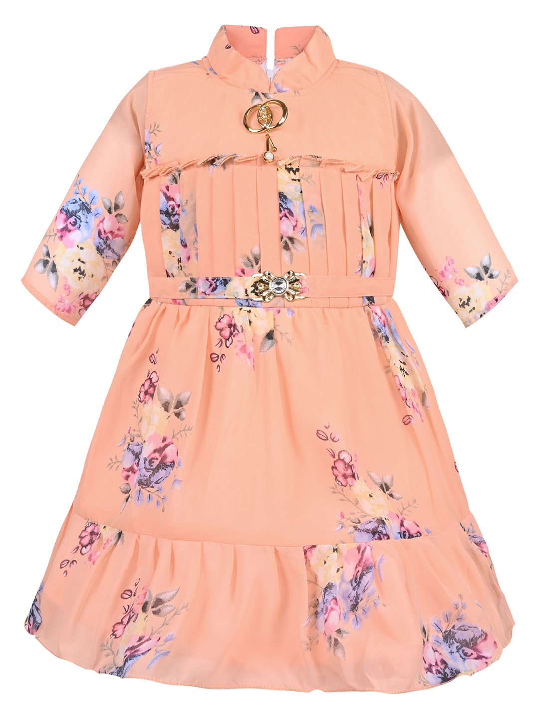 

Wish Karo Girls Floral Printed Mandarin Collar Georgette Fit & Flare Dress, Peach
