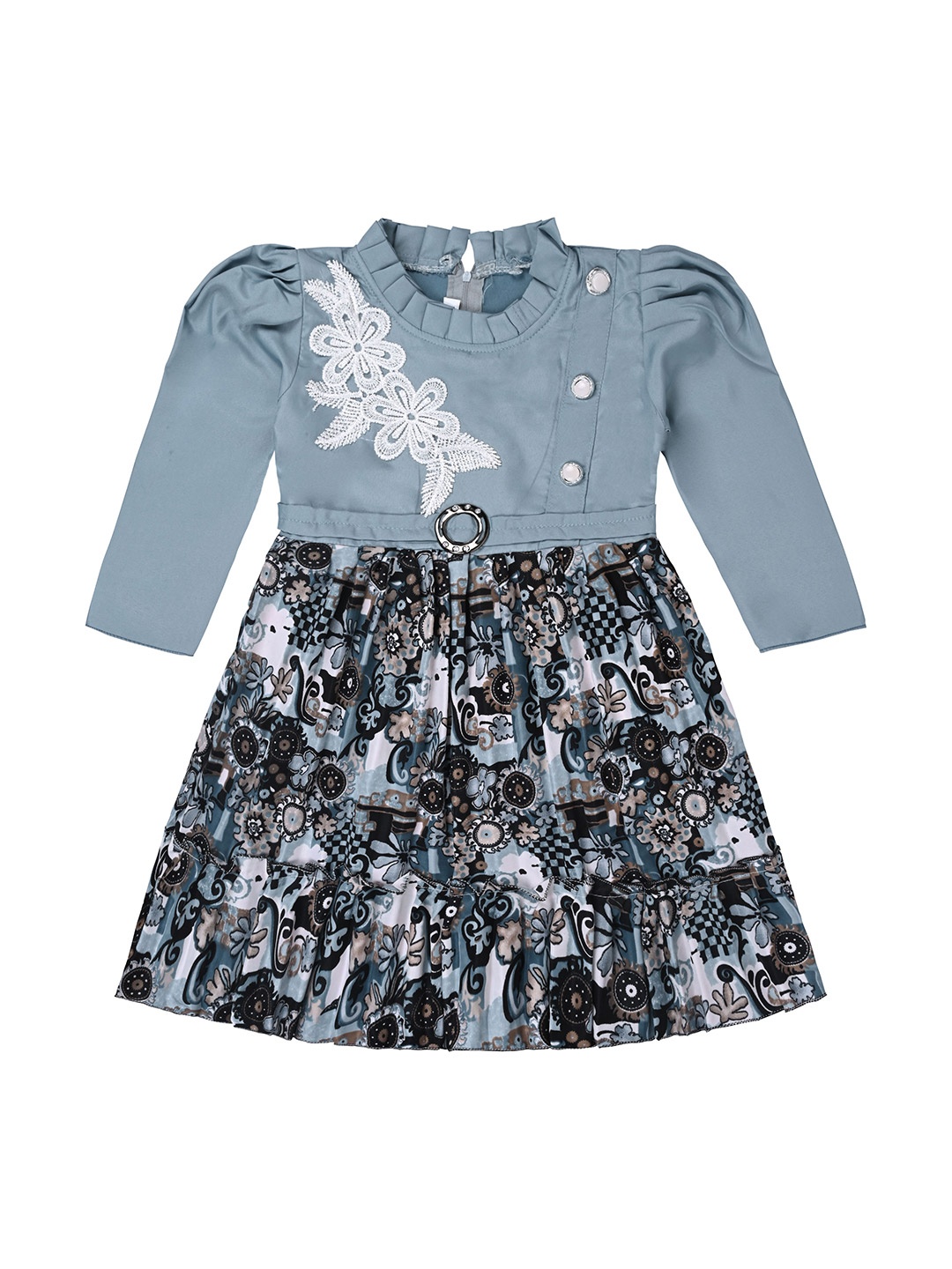 

Wish Karo Girls Floral Printed High Neck Puffed Sleeves Silk Satin Fit & Flare Dress, Grey