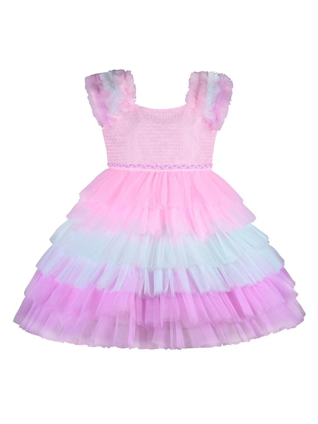 

Wish Karo Girls Self Design Shoulder Straps Layered & Ruffled Tulle Net Fit & Flare Dress, Pink