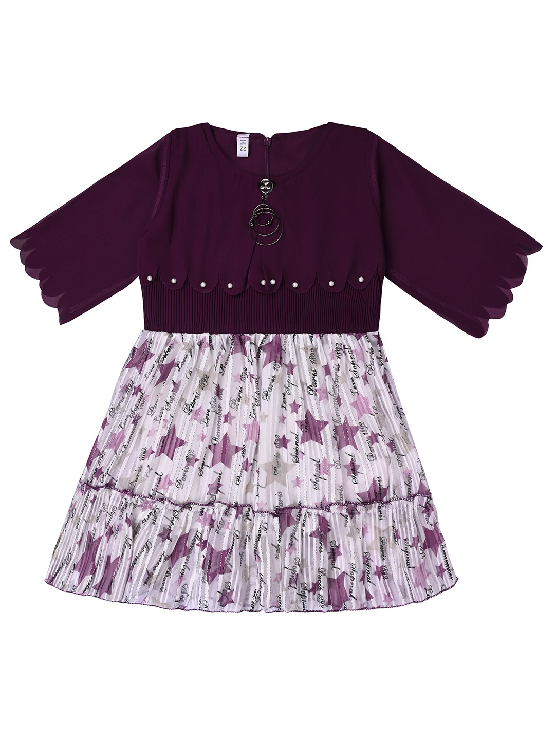 

Wish Karo Girls Conversational Printed Gathered Georgette Fit & Flare Dress, Purple