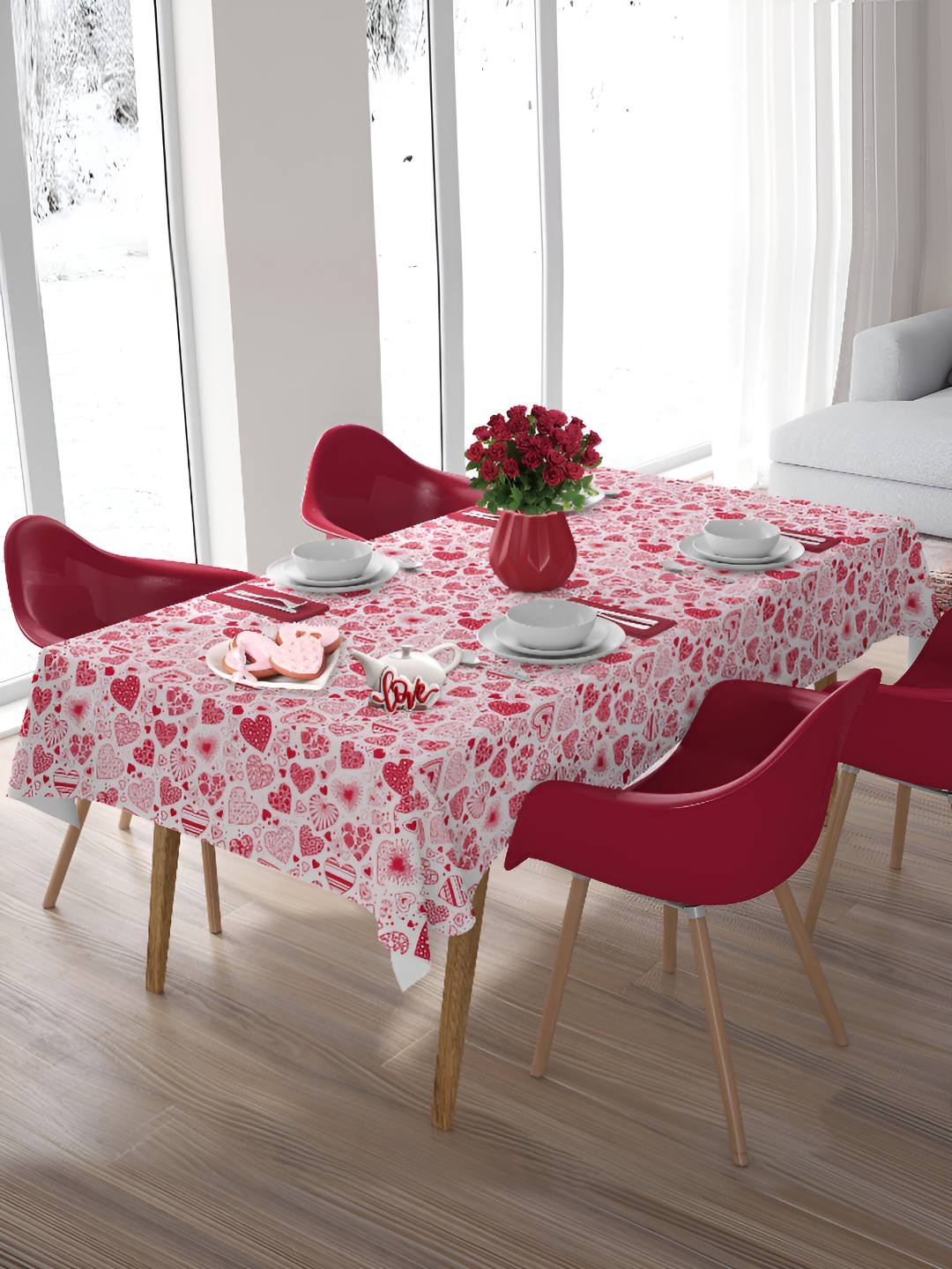 

HOME COLORS.IN Red & White Abstract Printed 6 Seater Table Cover