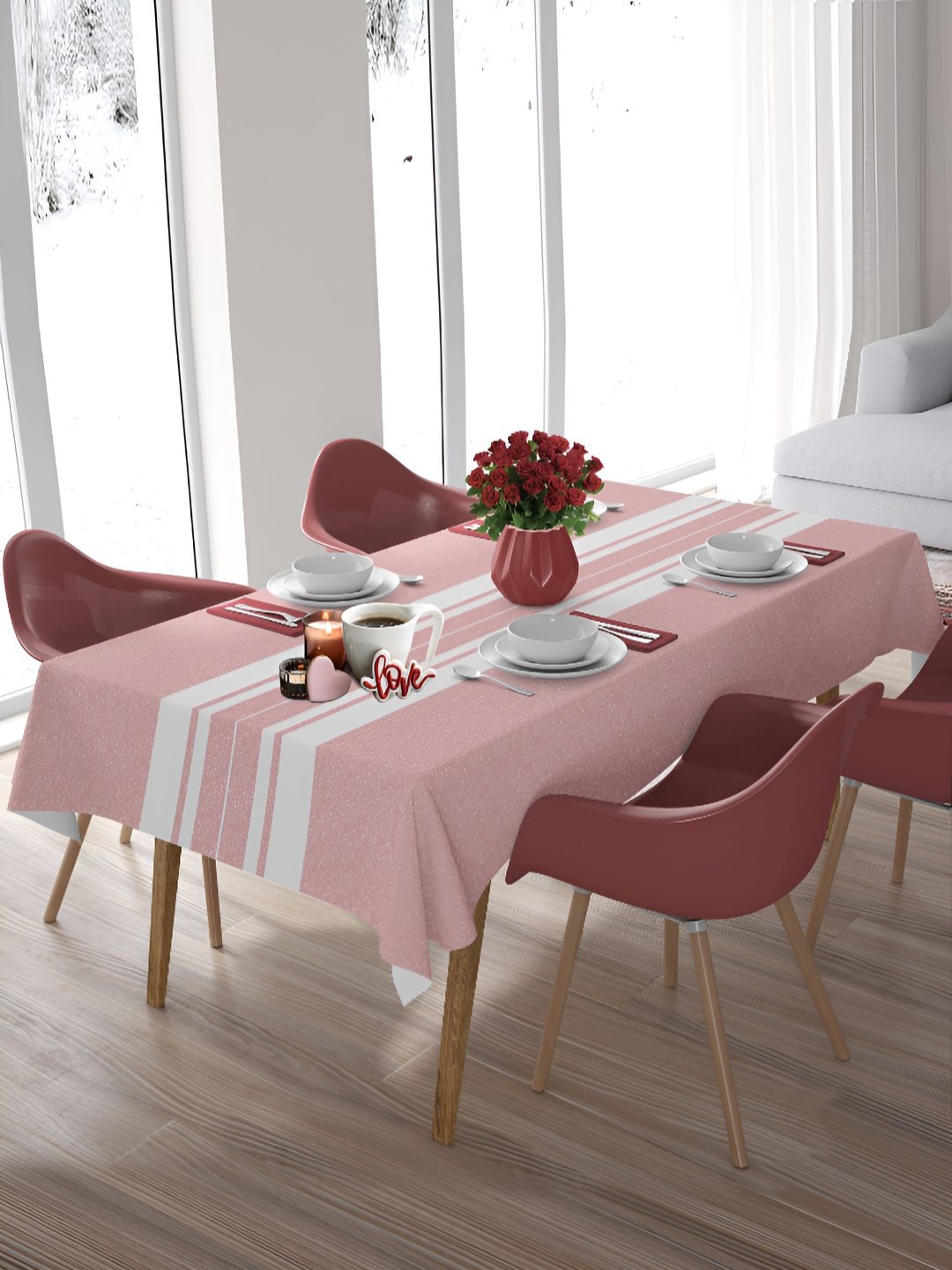 

HOME COLORS.IN Pink & White Geometric Printed Cotton 6 Seater Table Cover