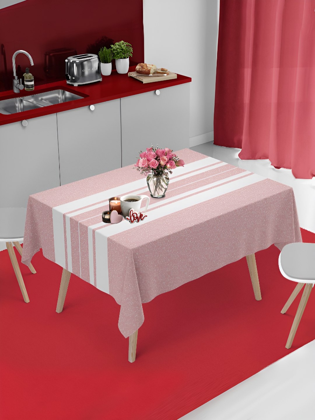 

HOME COLORS.IN Pink & White Striped Cotton 4 Seater Table Cover