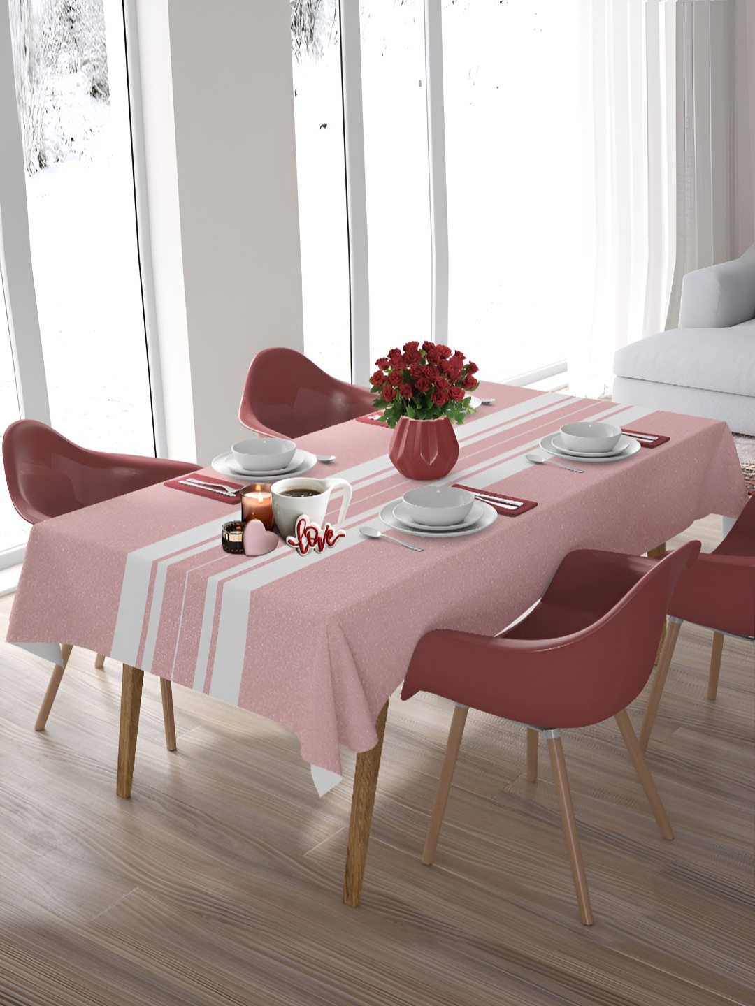 

HOME COLORS.IN Pink & White Geometric Printed Cotton 8 Seater Table Cover