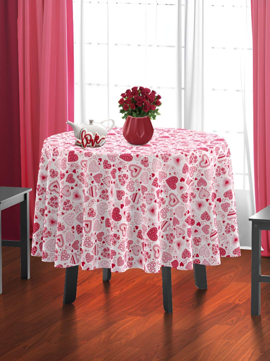 

HOME COLORS.IN White & Red Abstract Printed Round 4 Seater Table Cover