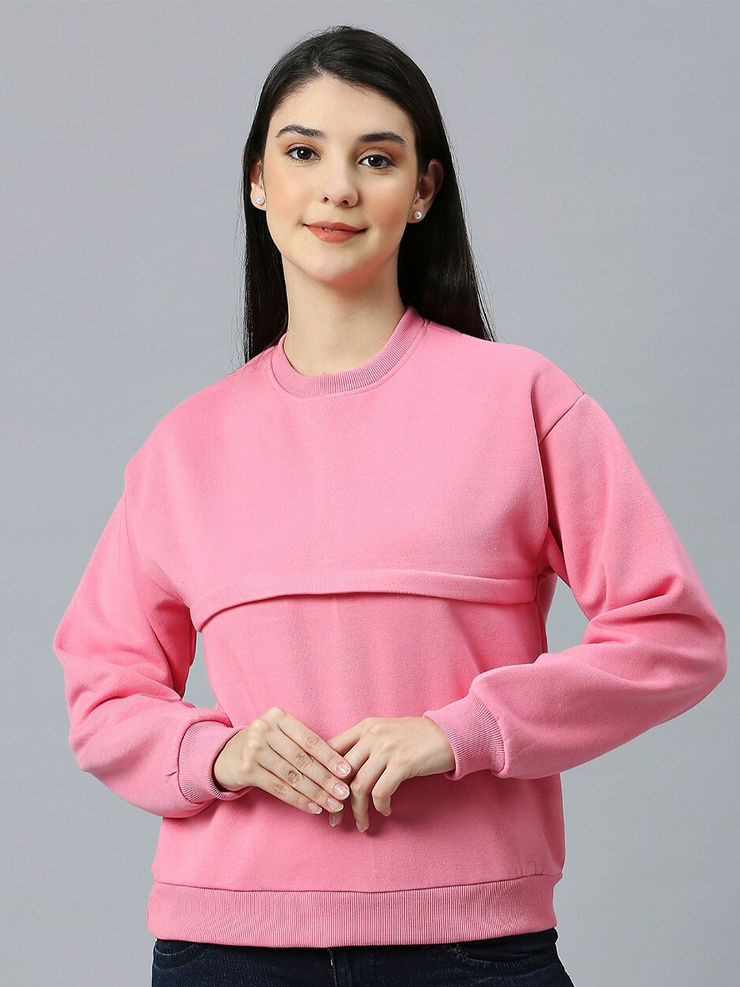 

True Shape Round Neck Long Sleeves Maternity Sweatshirt, Pink