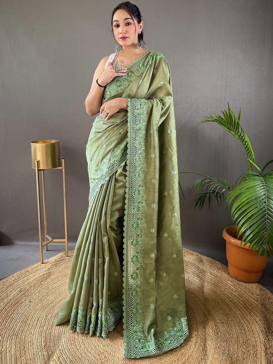 

LeeliPeeri Designer Embellished Silk Saree, Lime green