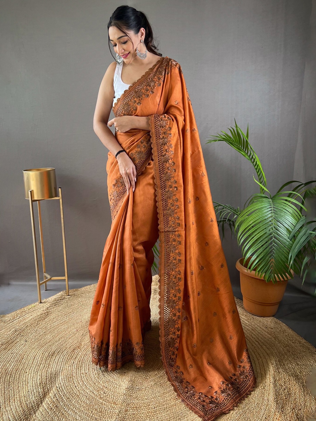 

LeeliPeeri Designer Ethnic Motifs Embroidered Silk Saree, Orange