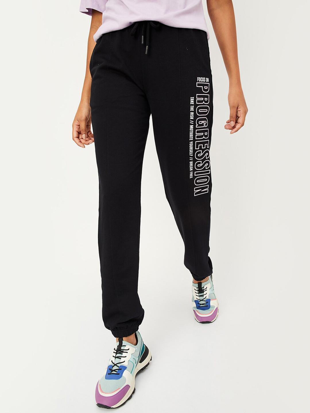 

max Women Typography Printed Pure Cotton Joggers, Black