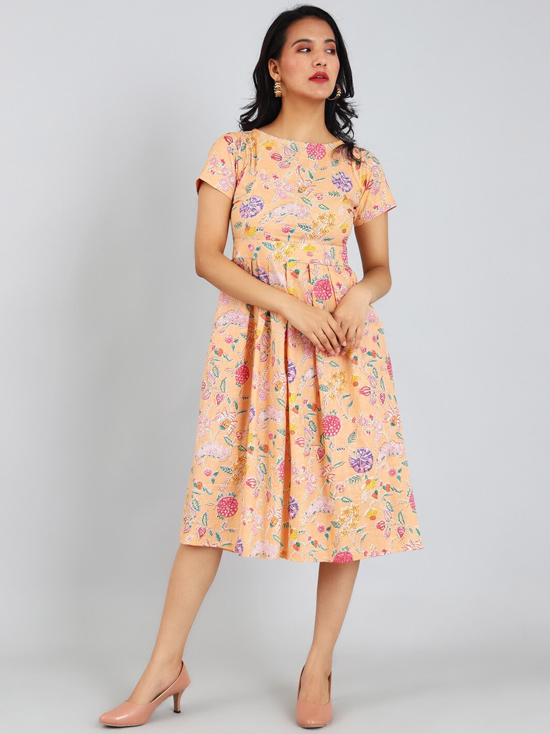 

INDOPHILIA Floral Printed Jaipur Cotton Pleated Fit & Flare Midi Dress, Yellow