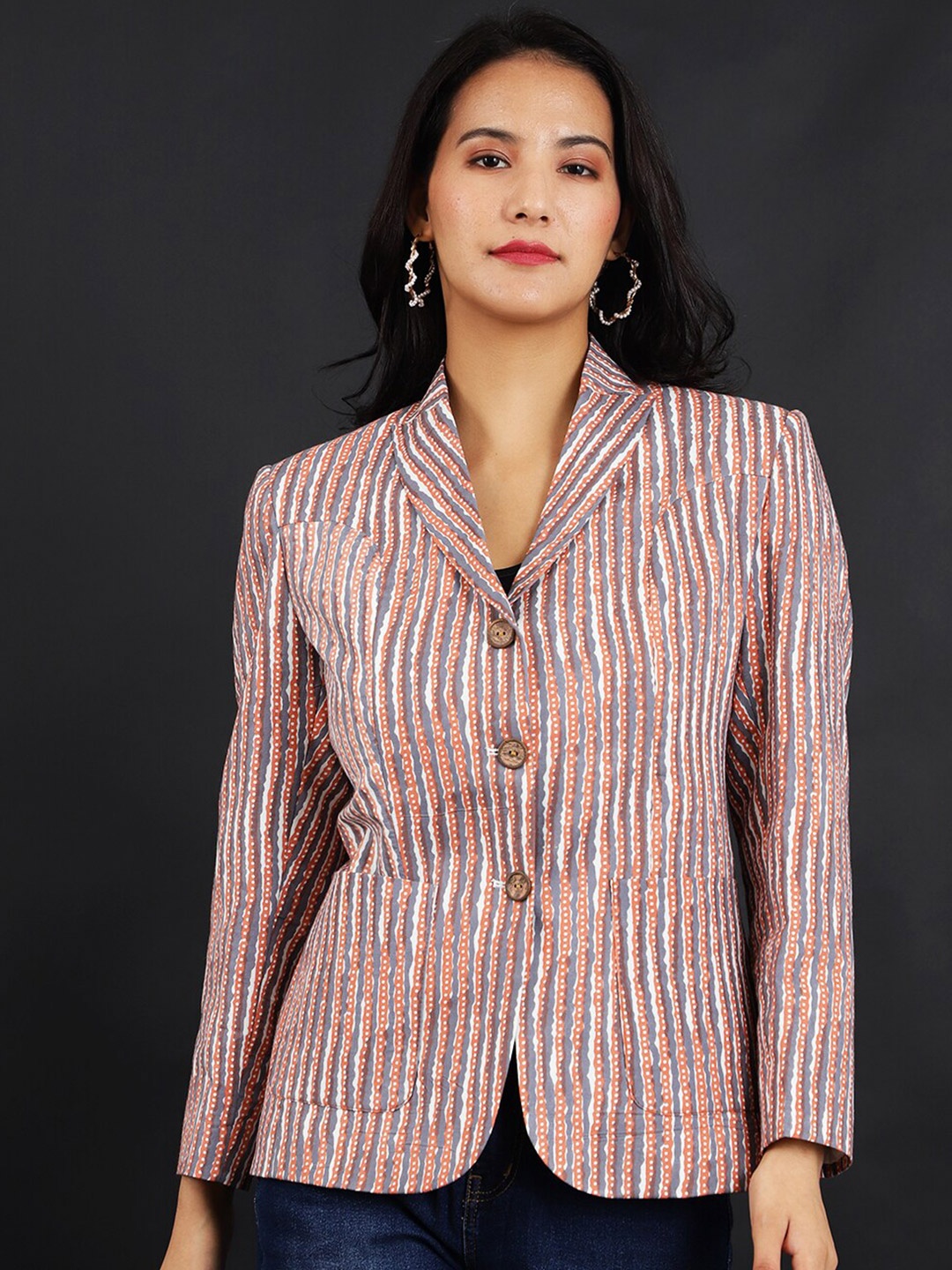 

INDOPHILIA Striped Single-Breasted Jaipur Cotton Satin Casual Blazer, Grey