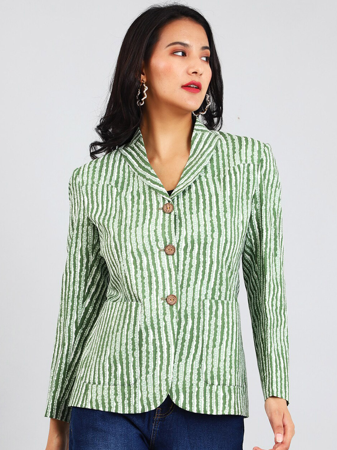 

INDOPHILIA Striped Single Breasted Cotton Blazer, Green