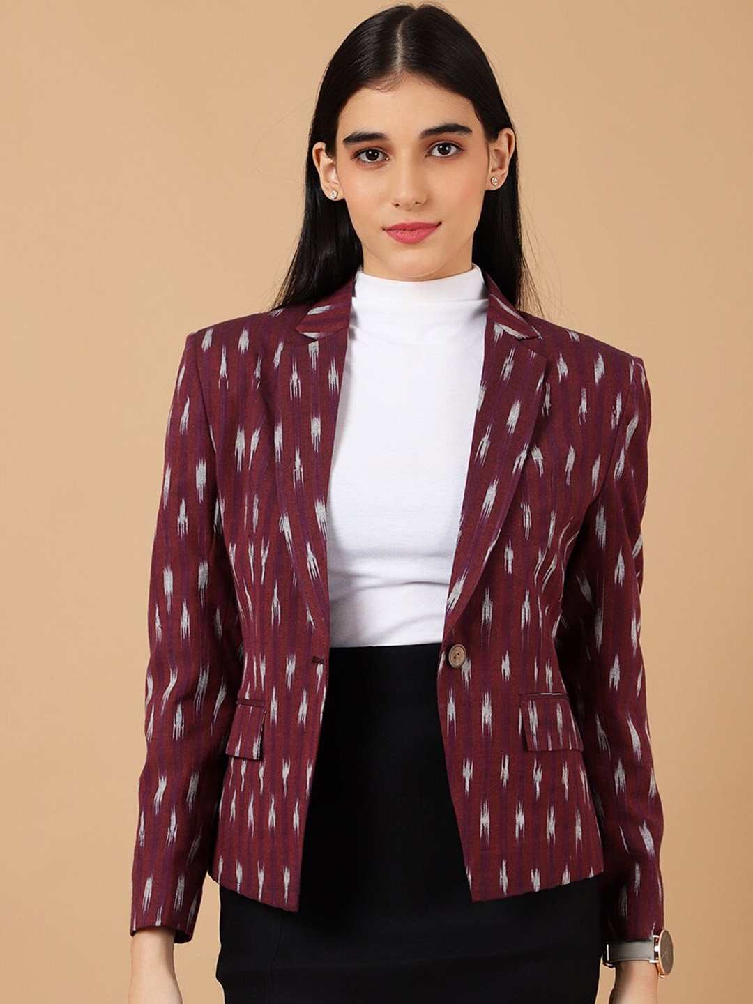 

INDOPHILIA Geometric Printed Single-Breasted Ikat Satin Cotton Casual Blazer, Maroon