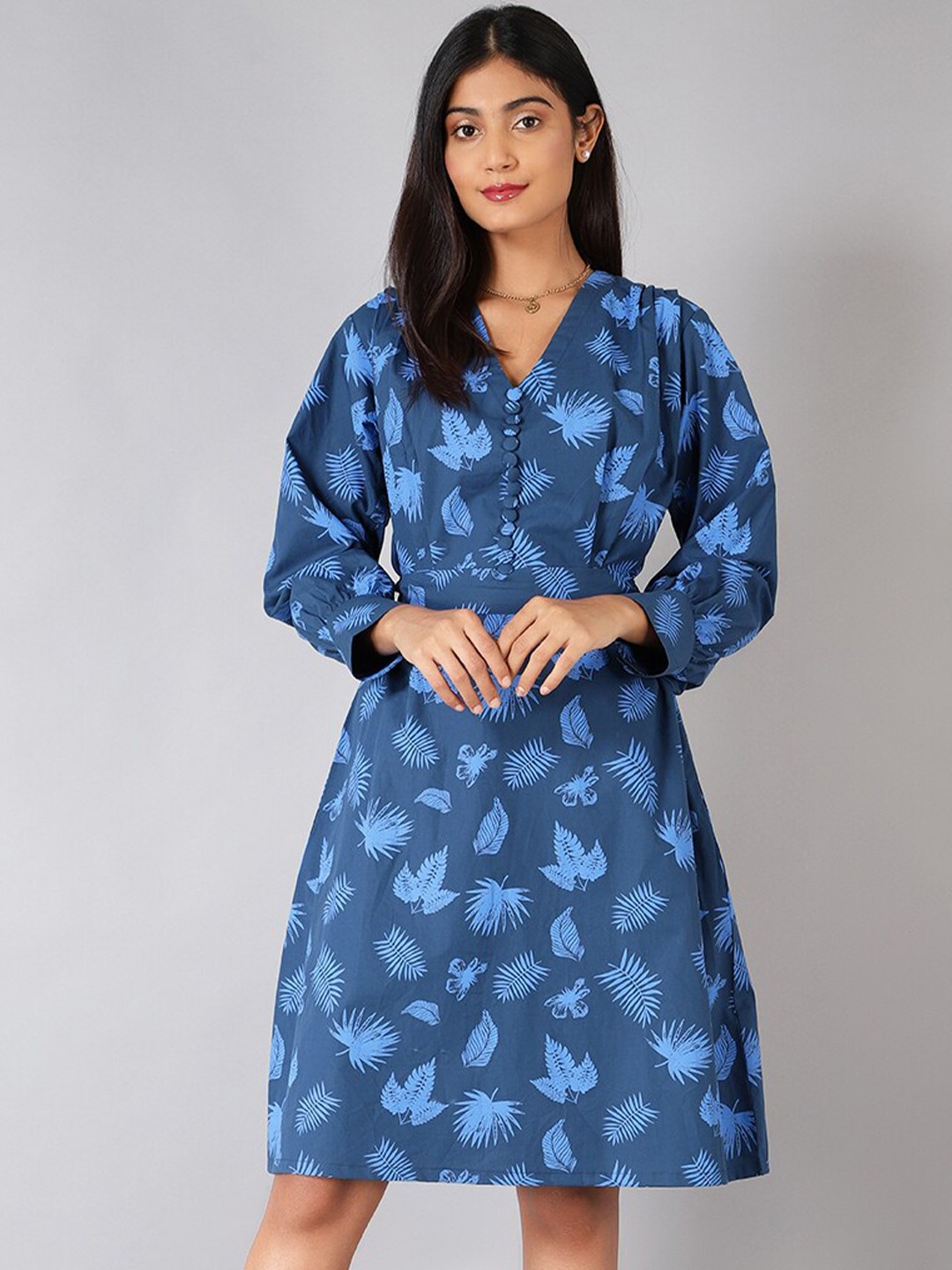 

INDOPHILIA Tropical Printed Belted Puff Sleeve A-Line Dress, Blue