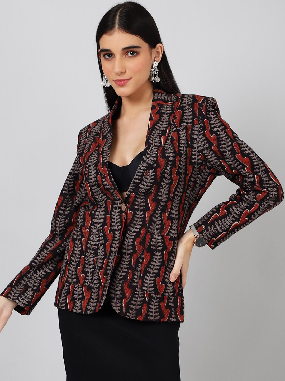 

INDOPHILIA Printed Cotton Single Breasted Blazer, Black