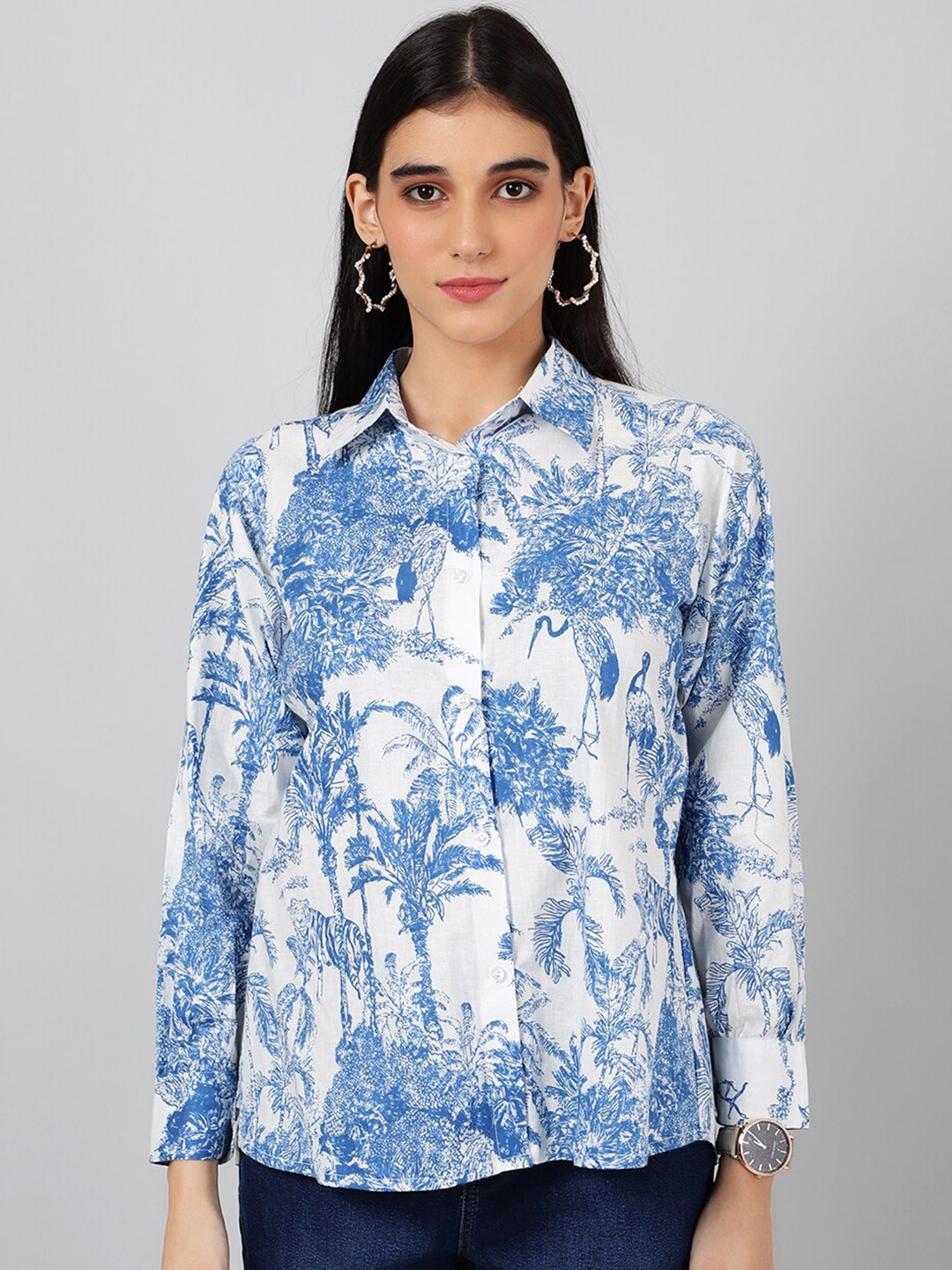 

INDOPHILIA Smart Floral Opaque Printed Cotton Casual Shirt, White