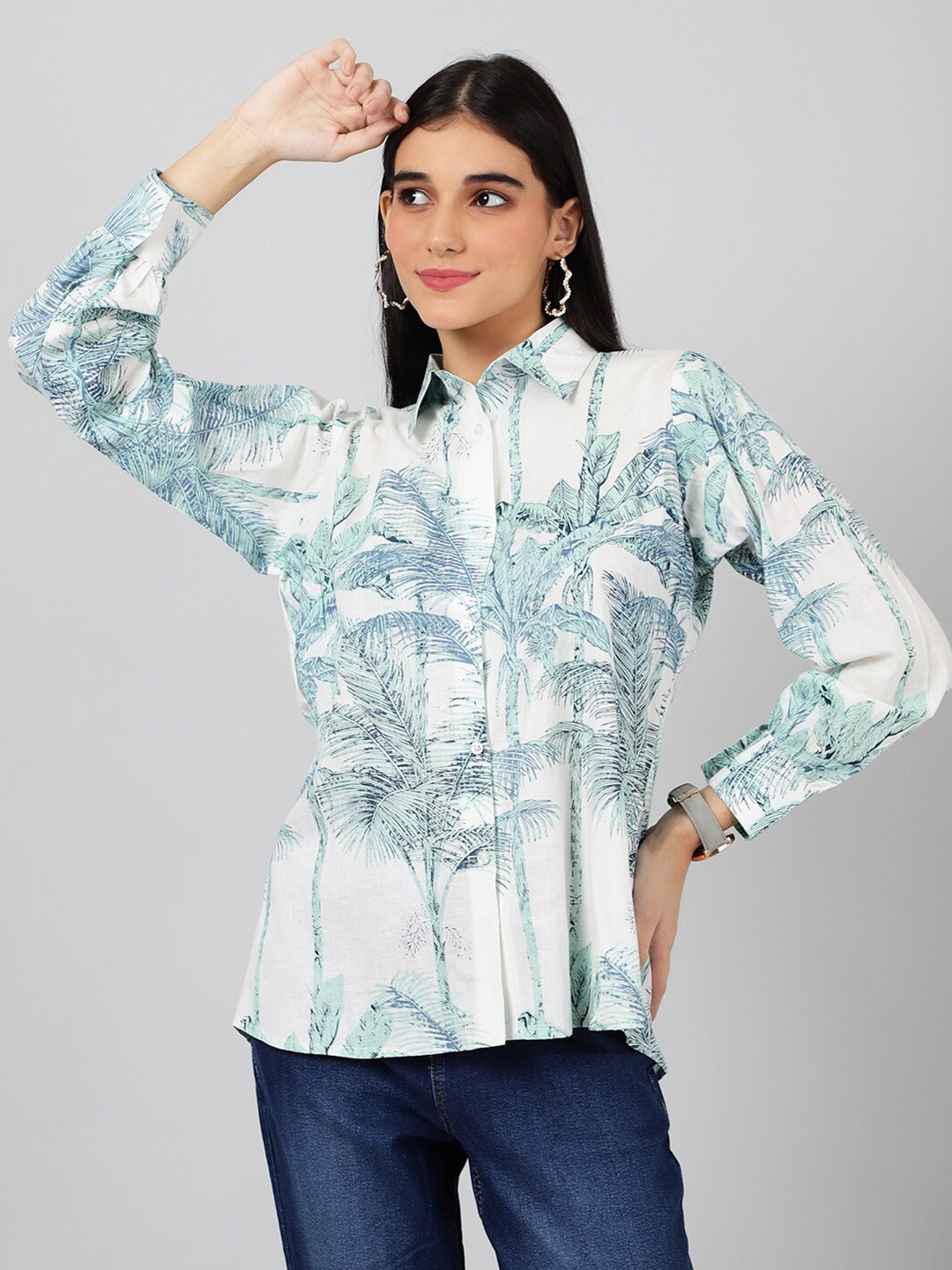 

INDOPHILIA Smart Floral Opaque Printed Cotton Casual Shirt, White