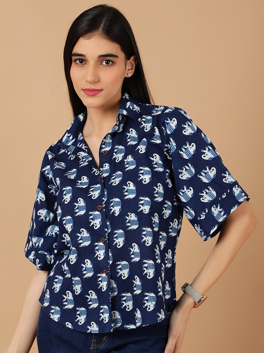 

INDOPHILIA Smart Opaque Printed Cotton Casual Shirt, Blue