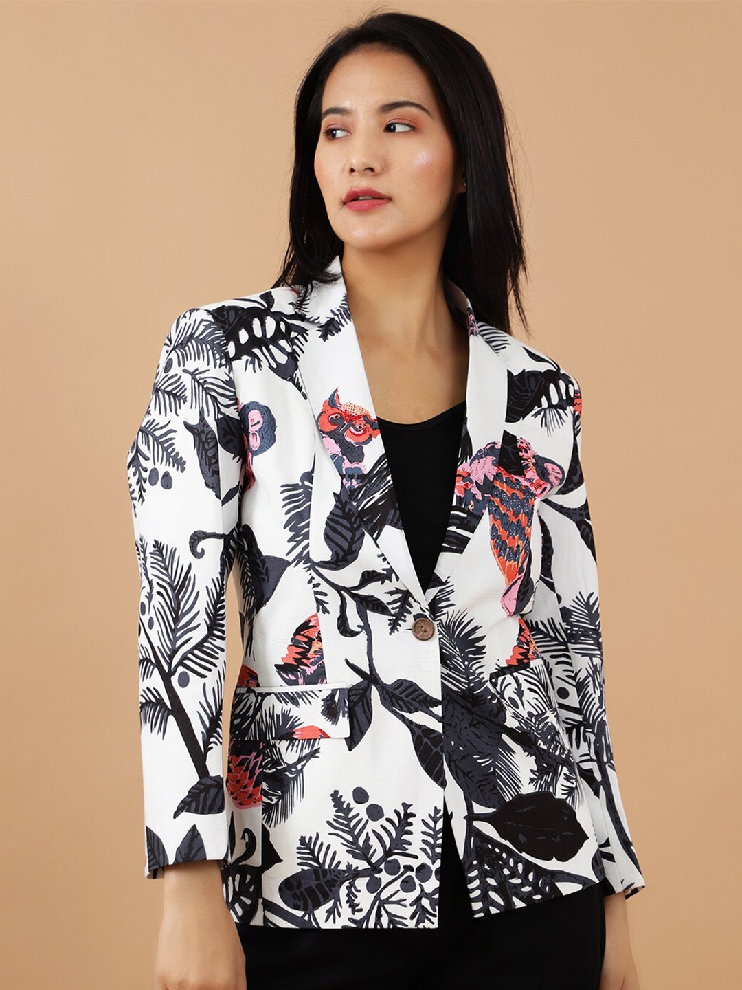 

INDOPHILIA Printed Cotton Single-Breasted Blazer, White