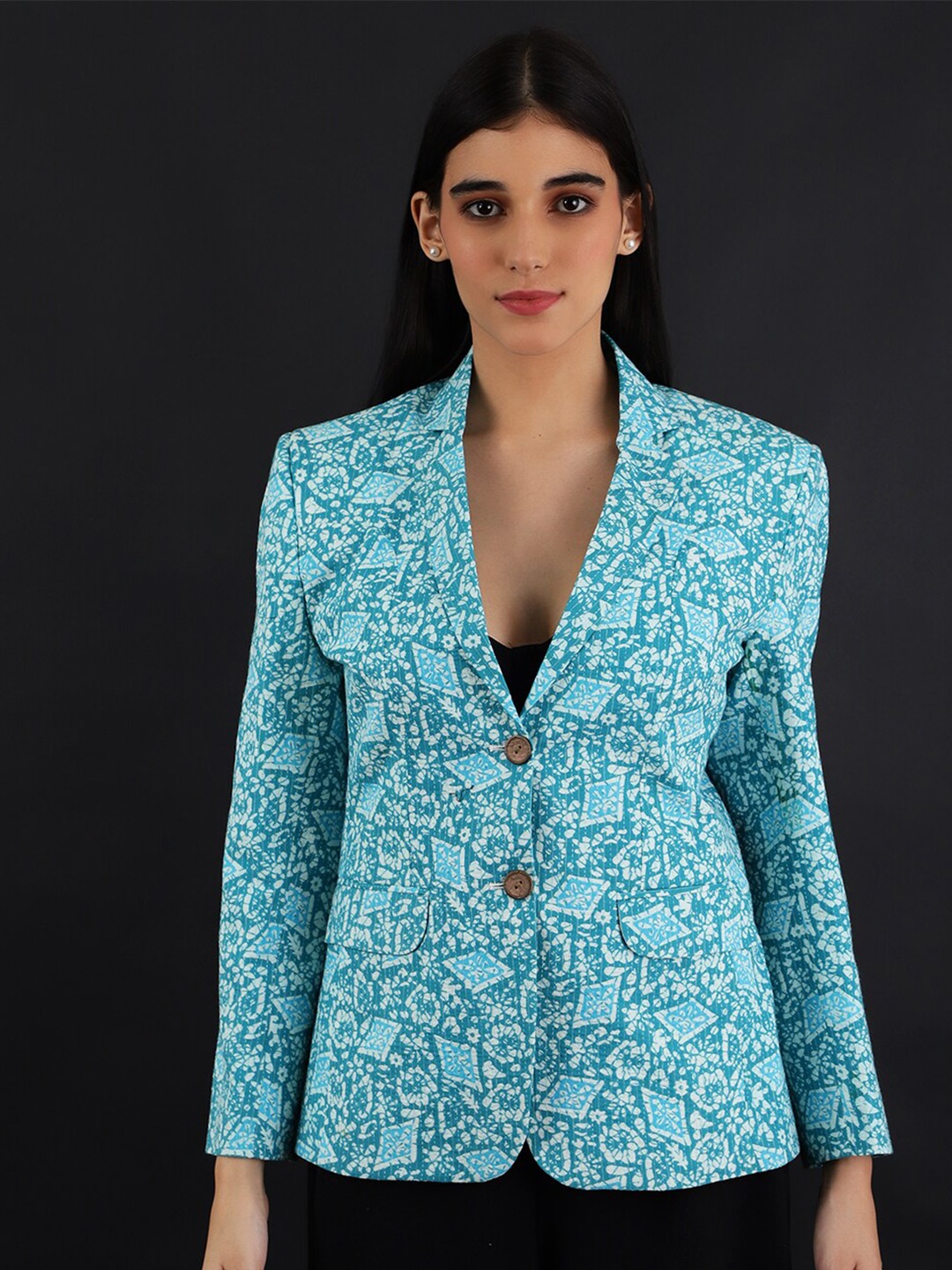 

INDOPHILIA Printed Cotton Single Breasted Blazer, Blue