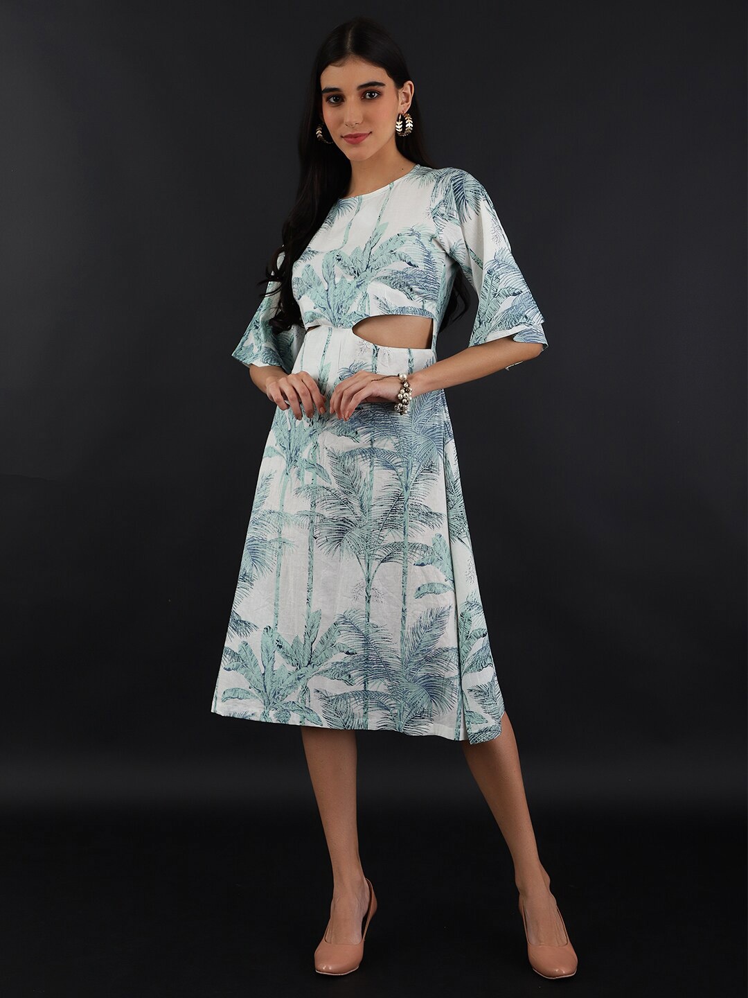 

INDOPHILIA Tropical Printed Bell Sleeve A-Line Midi Dress, White