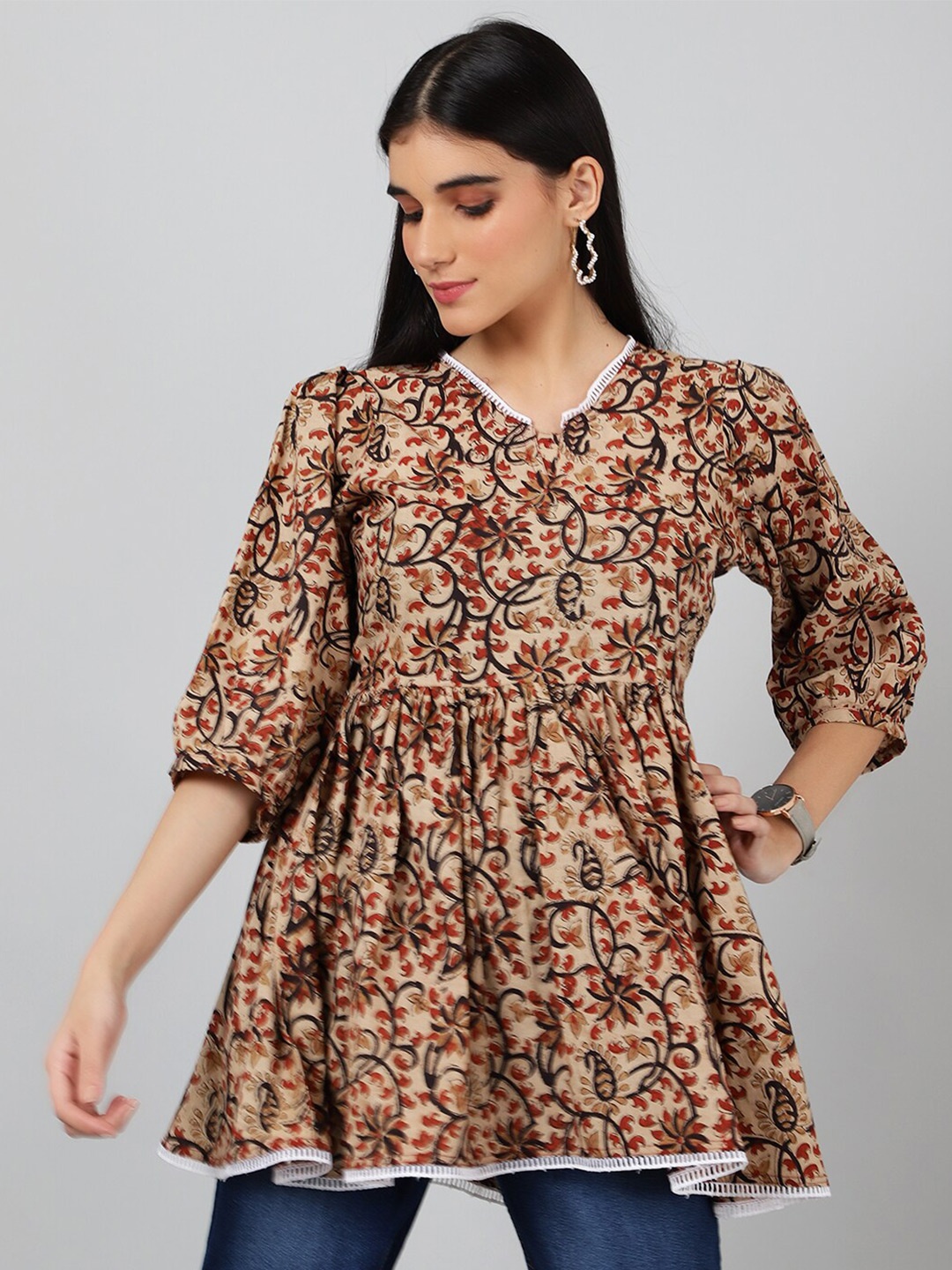 

INDOPHILIA Smart Animal Opaque Printed Cotton Casual Top, Beige