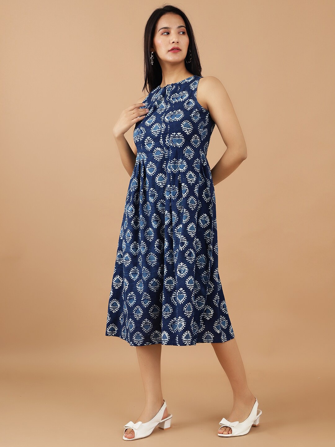 

INDOPHILIA Ethnic Motifs Printd Cotton A-Line Dress, Blue