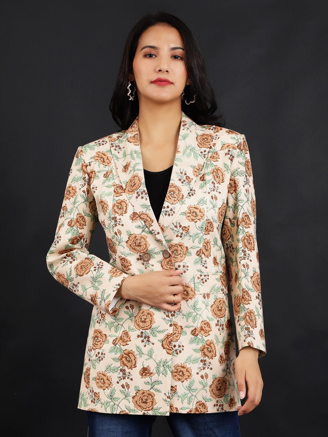 

INDOPHILIA Floral Printed Single-Breasted Jaipur Cotton Satin Casual Blazer, Beige