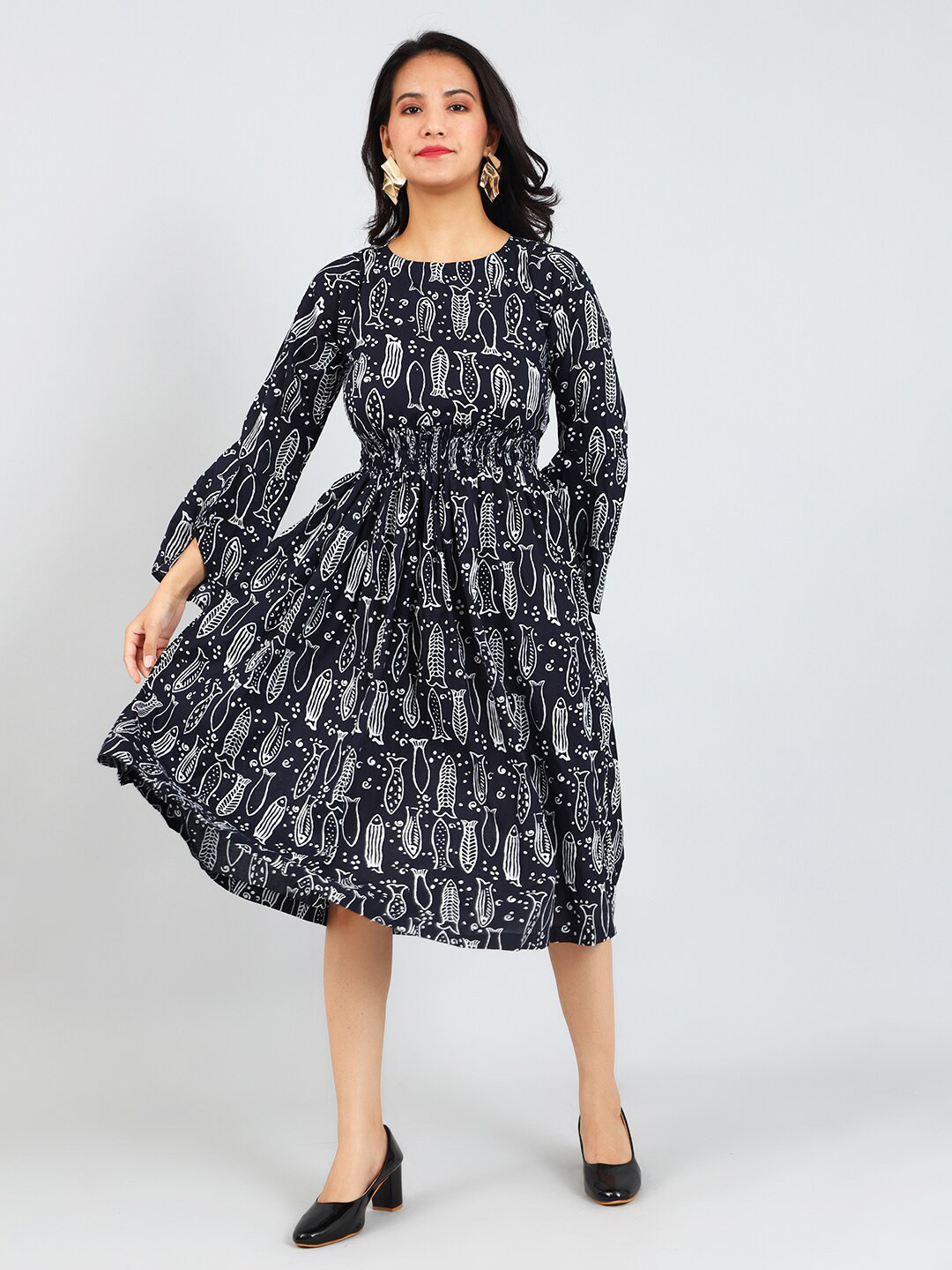 

INDOPHILIA Abstract Printed Smocked Fit & Flare Cotton Midi Dress, Black
