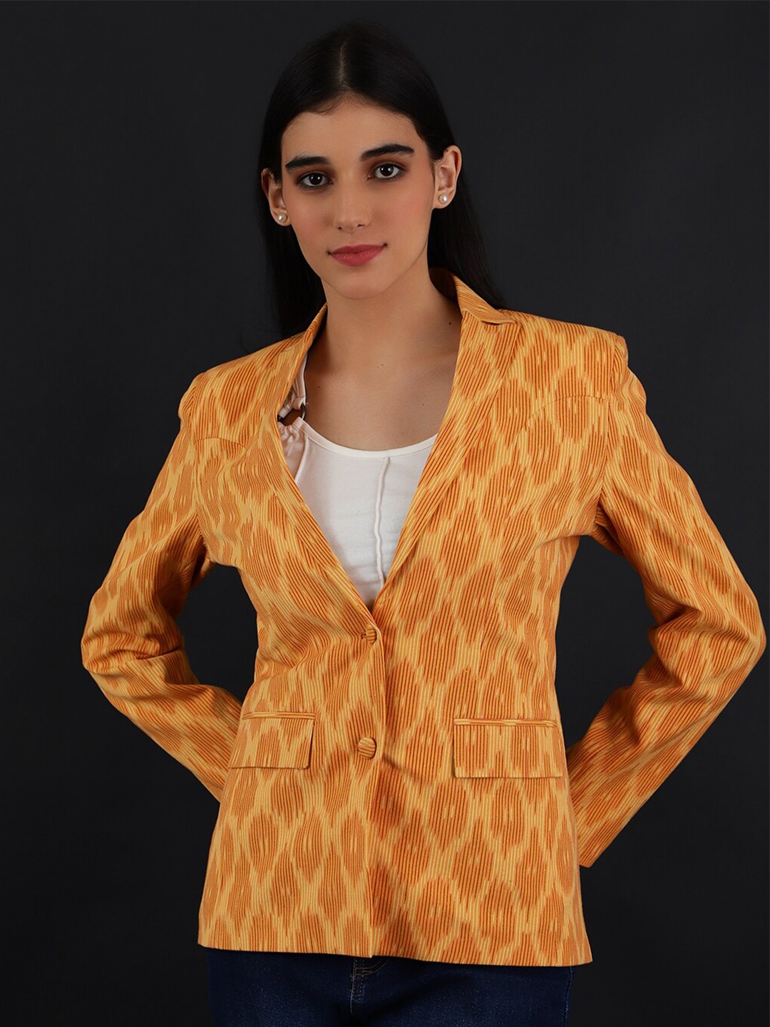 

INDOPHILIA Printed Cotton Single-Breasted Casual Blazers, Yellow