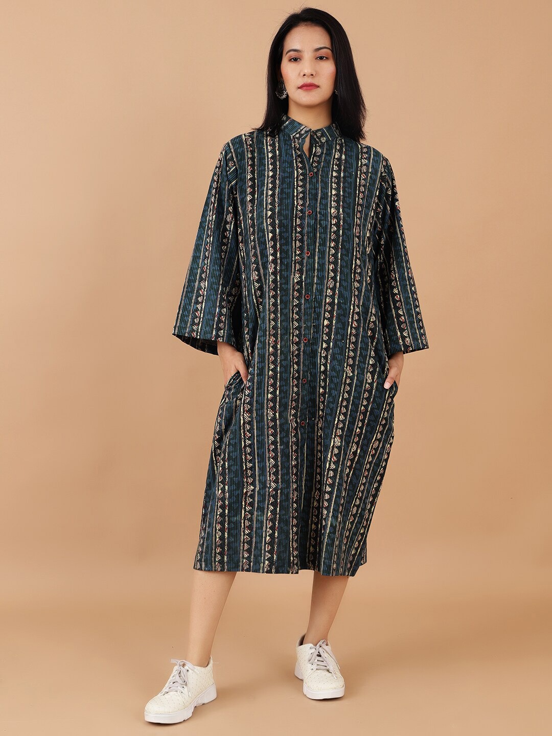 

INDOPHILIA Striped Jaipur Cotton Shirt Midi Dress, Green