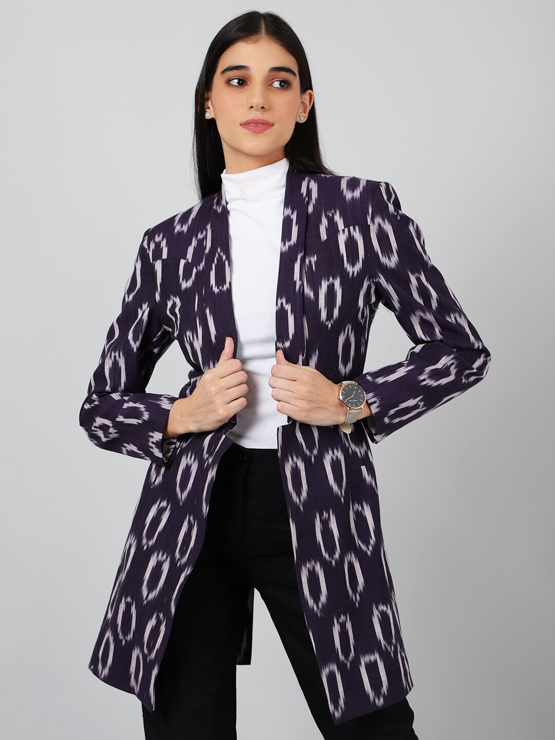 

INDOPHILIA Ikat Woven-Design Single-Breasted Open-Front Longline Blazer, Purple