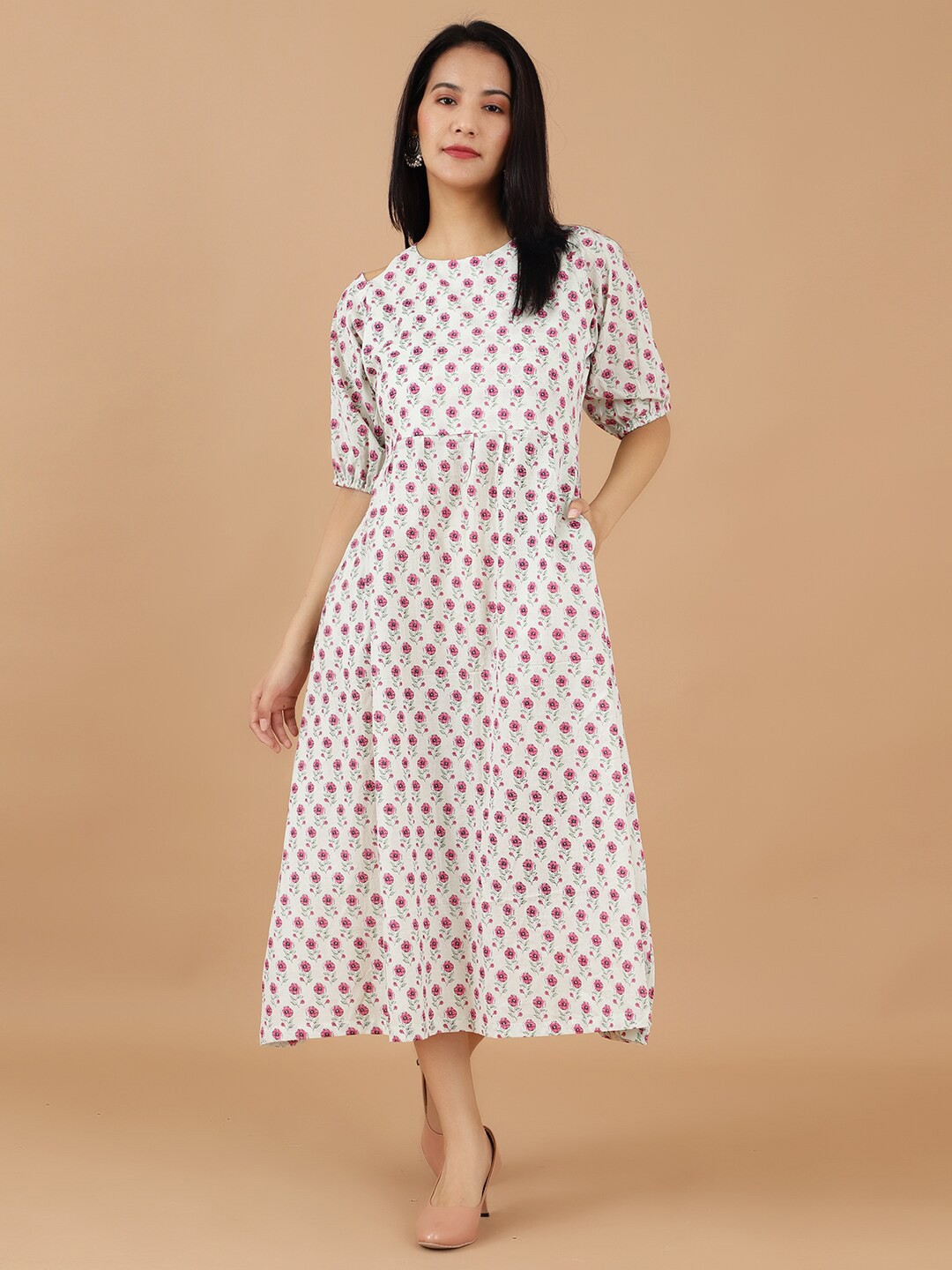

INDOPHILIA Floral Printed Puff Sleeves Cotton Fit & Flare Midi Dress, White