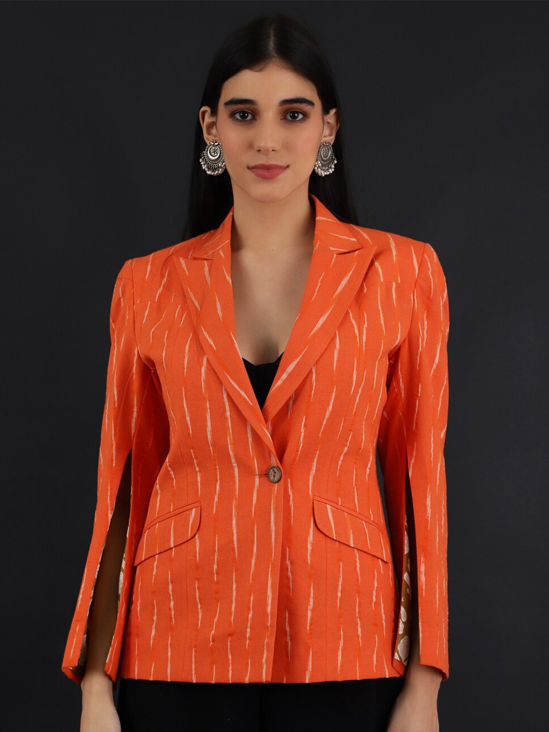 

INDOPHILIA Printed Notched Lapel Single Breasted Cotton Blazer, Orange