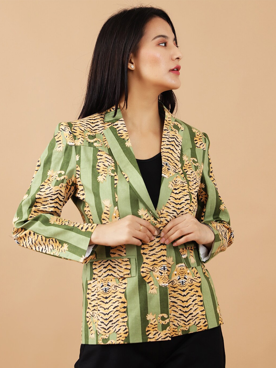 

INDOPHILIA Printed Notched Lapel Single Breasted Cotton Blazer, Green