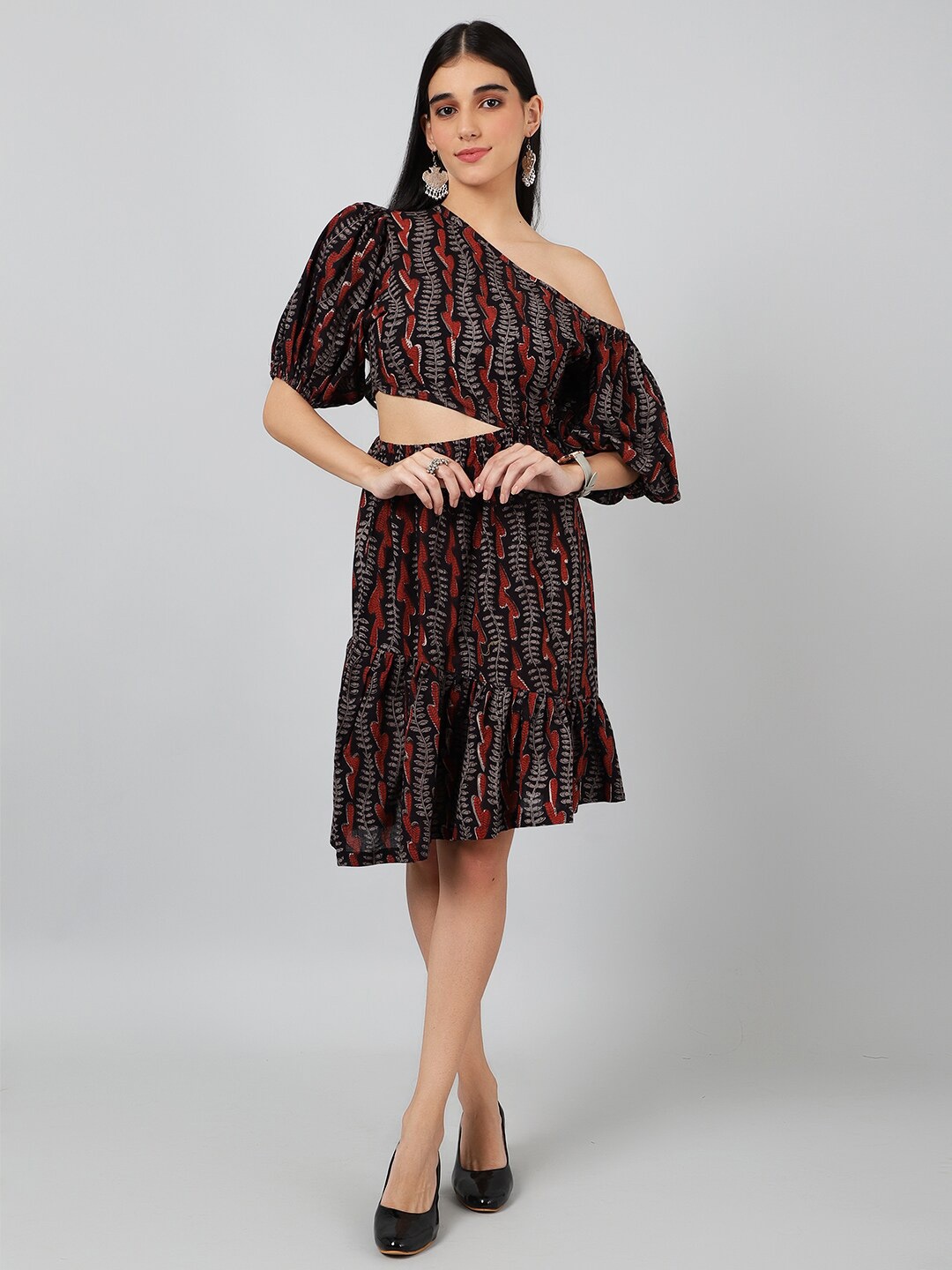 

INDOPHILIA Floral Printed Fit & Flare Cotton Dress, Black