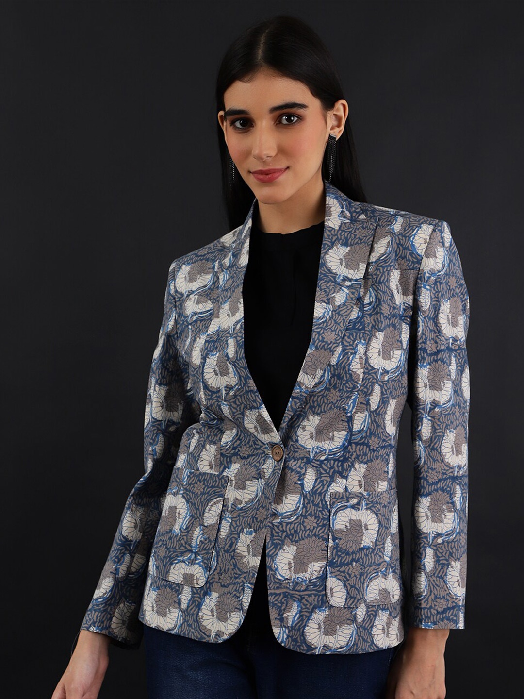 

INDOPHILIA Printed Cotton Single Breasted Blazer, Grey