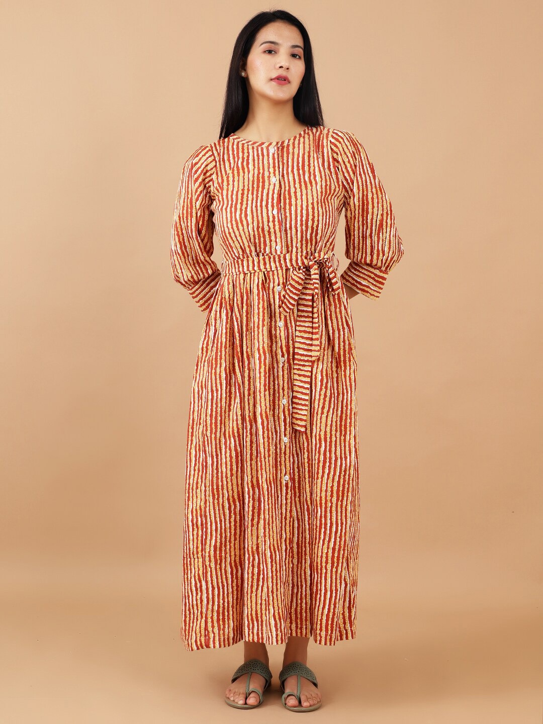 

INDOPHILIA Striped Puff Sleeve Tie Up Cotton Maxi Dress, Red